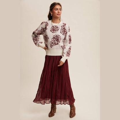 Floral Jacquard Puff-Sleeve Sweater