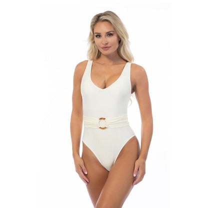 White Belted One Piece Swimsusit