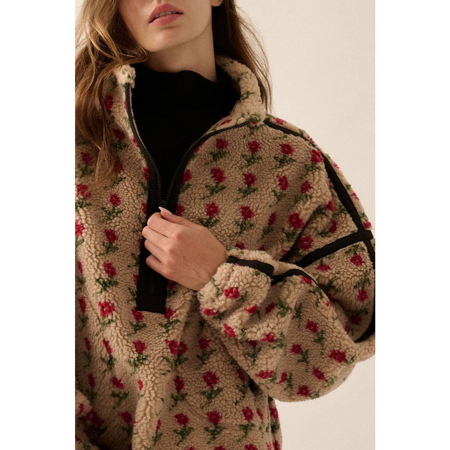 Floral-Print Fleece Half-Zip Pullover Jacket