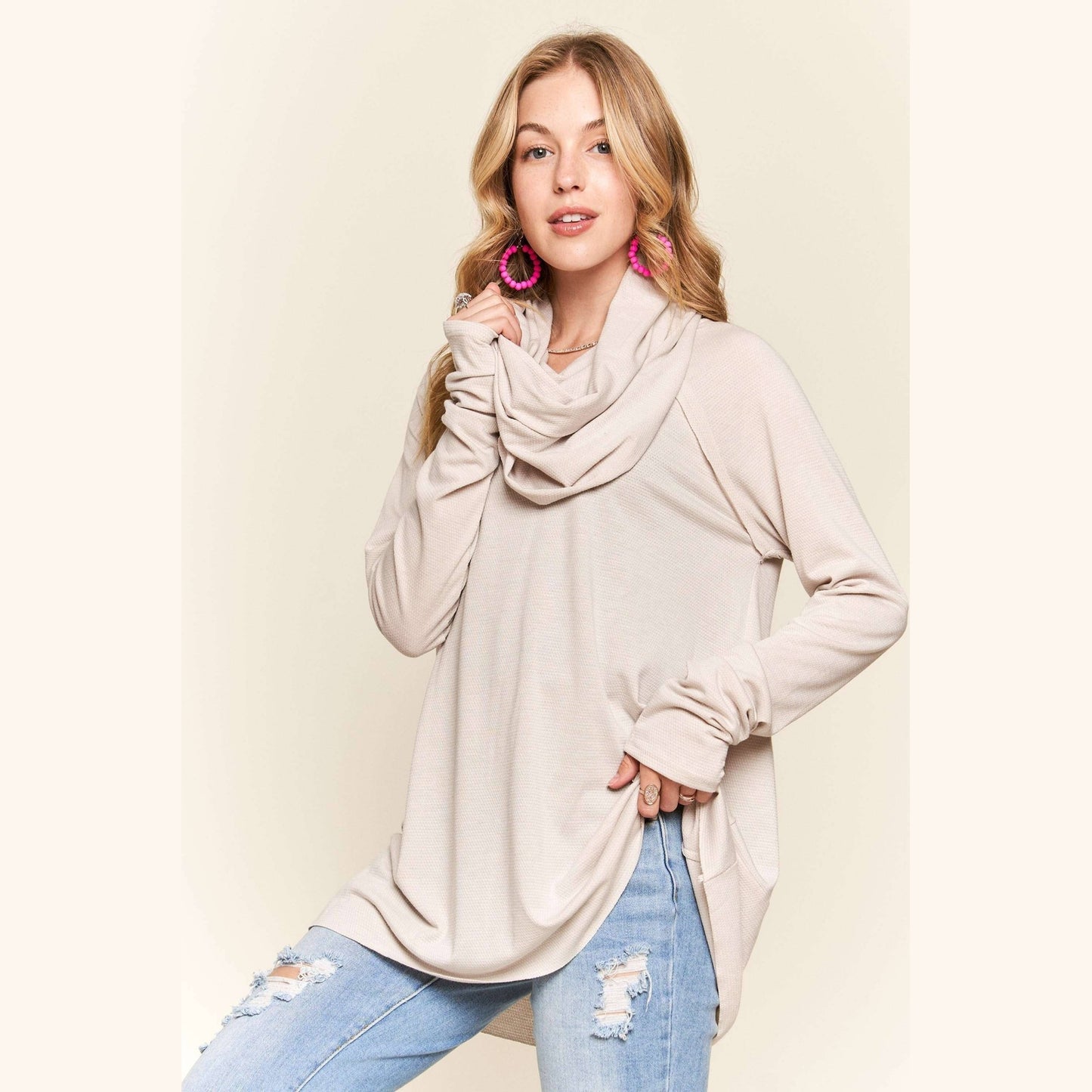 Raglan Sleeve Cowl Neck Top