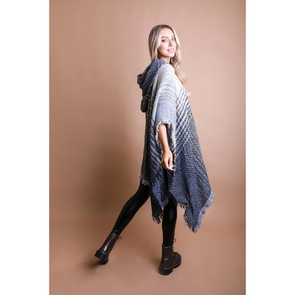 Herringbone Tweed Hooded Frayed Edge Poncho