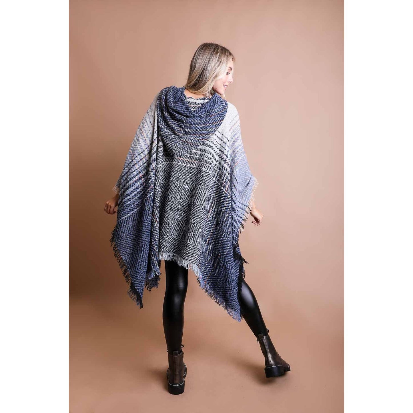 Herringbone Tweed Hooded Frayed Edge Poncho