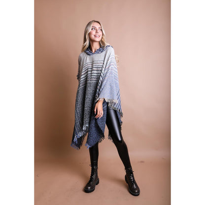 Herringbone Tweed Hooded Frayed Edge Poncho