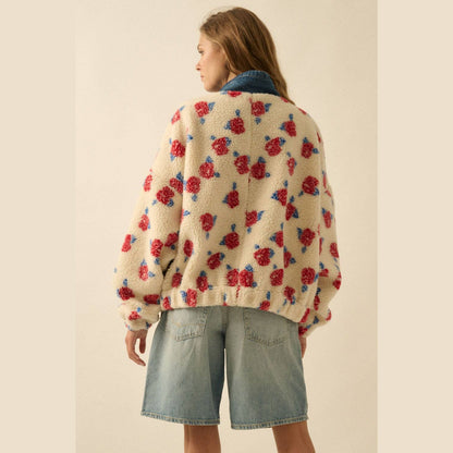 Floral Fleece and Denim Half-Snap Pullover
