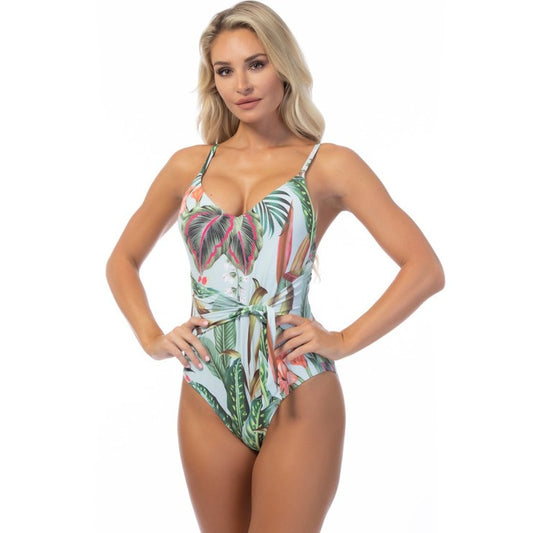 Leaf Print Belted One Piece Swimsuit