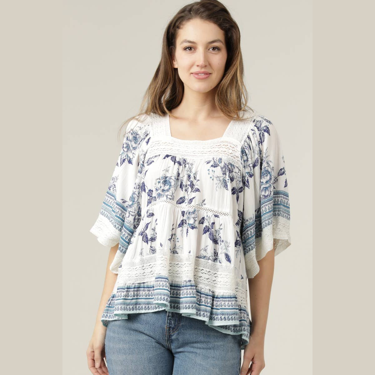SQUARE NECK LACE TRIM FLORAL PRINT BLOUSE - The Feral Market