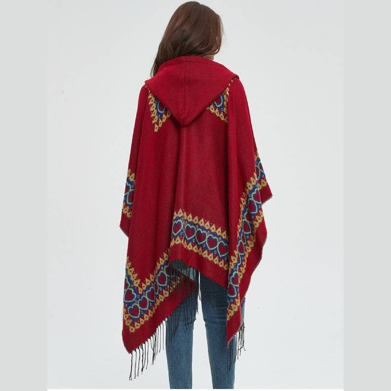 Heart crochet faux wool hooded sweater ruana wrap shawl