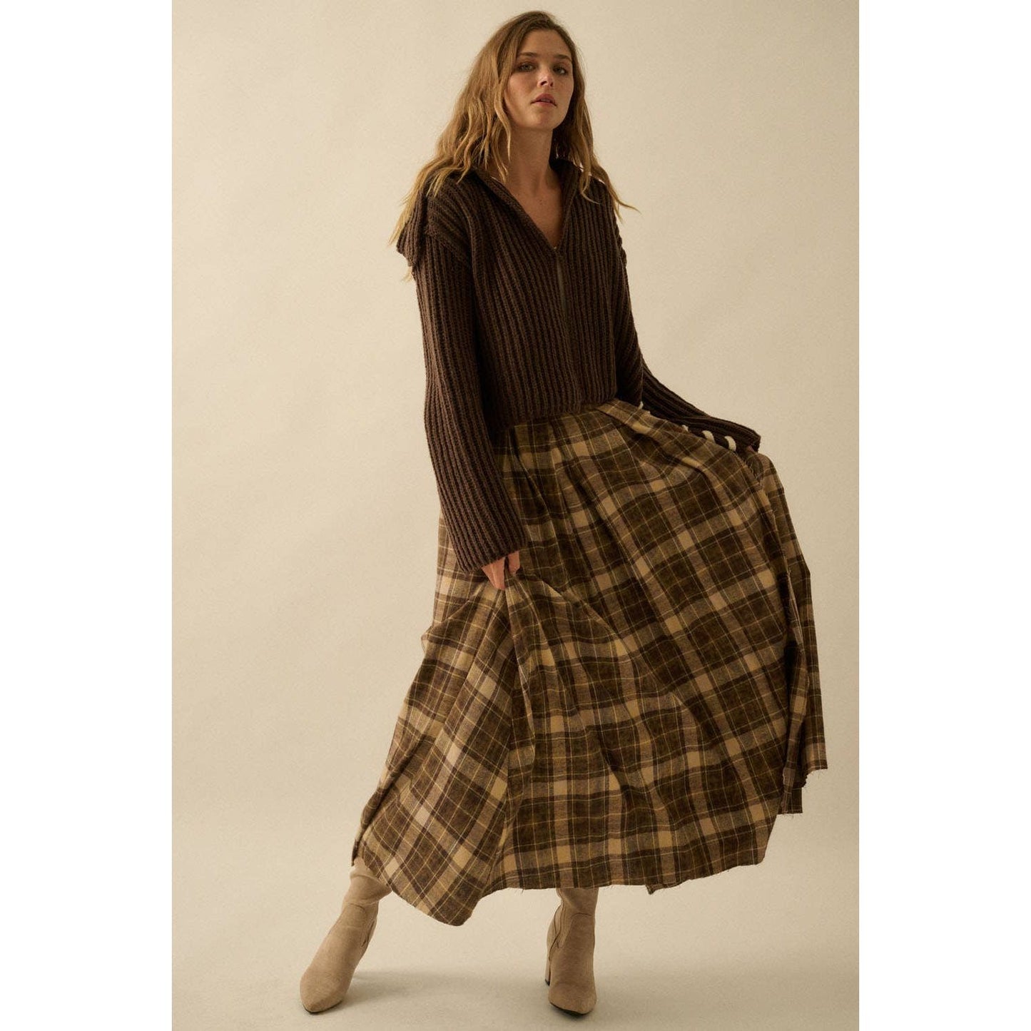 Plaid Flannel Pleated Wrapped Raw-Edge Maxi Skirt