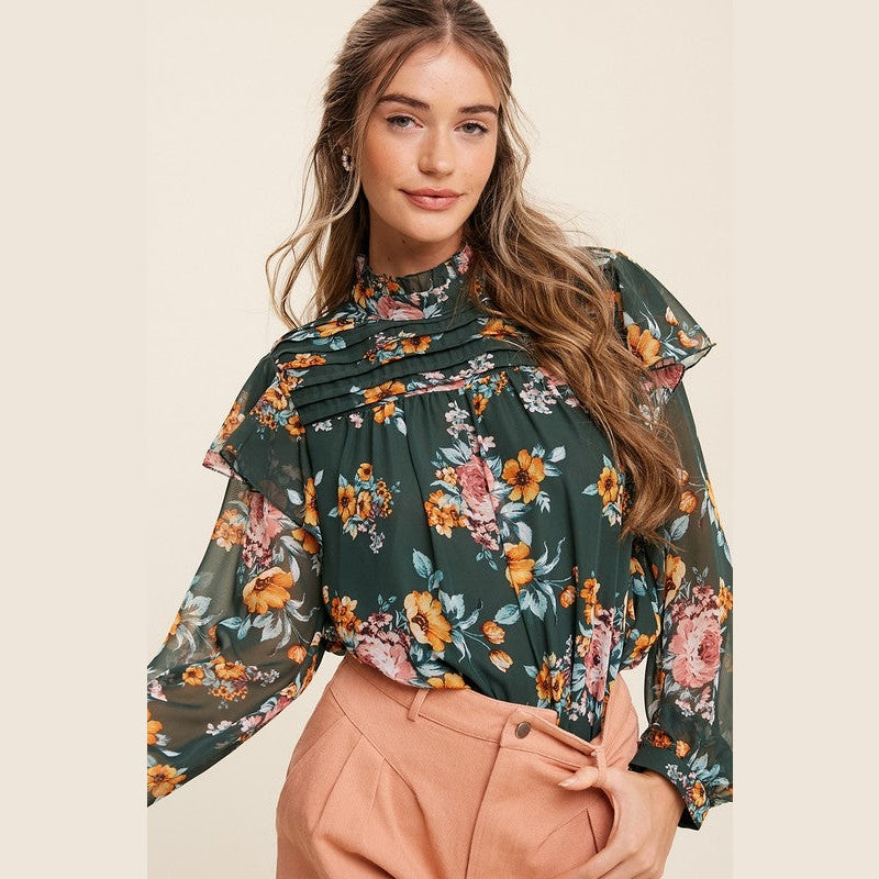 Ruffle Mock Neck Floral Print Chiffon Blouse