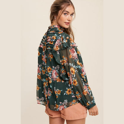 Ruffle Mock Neck Floral Print Chiffon Blouse