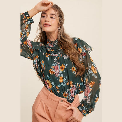 Ruffle Mock Neck Floral Print Chiffon Blouse