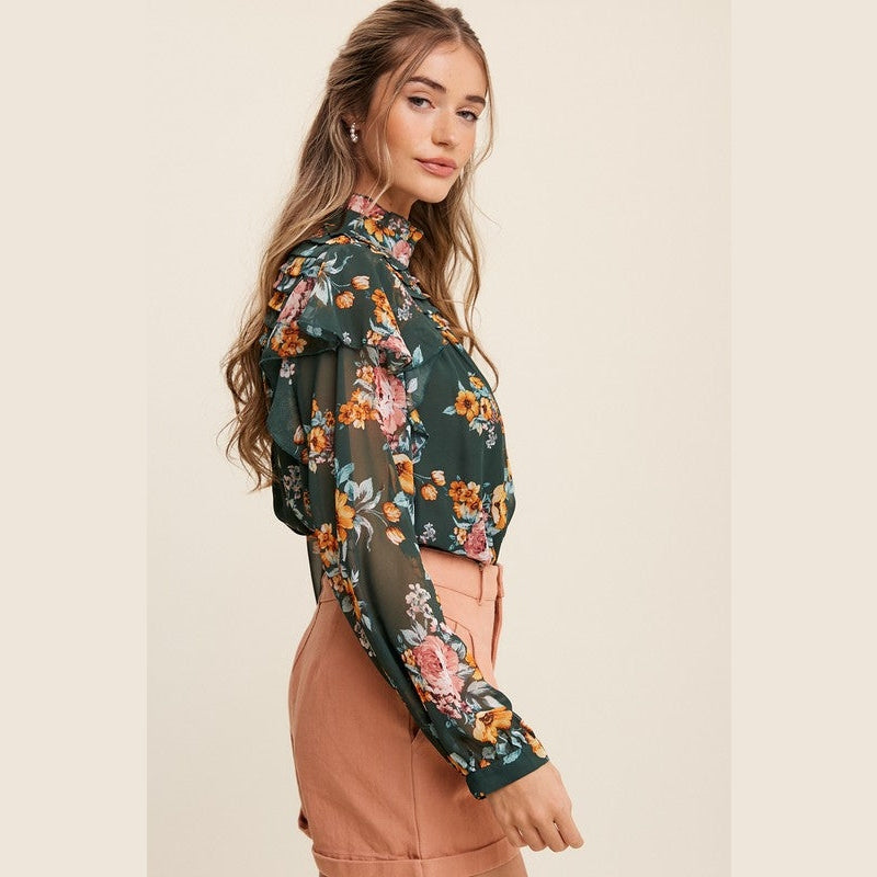 Ruffle Mock Neck Floral Print Chiffon Blouse