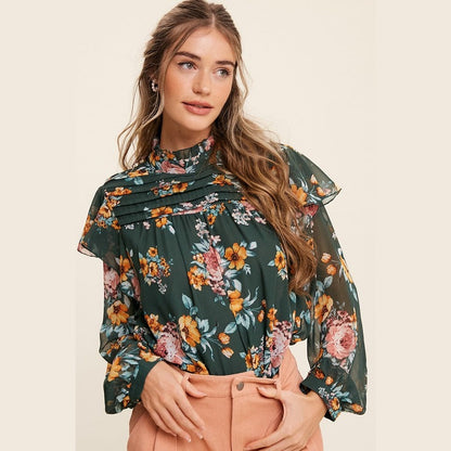 Ruffle Mock Neck Floral Print Chiffon Blouse