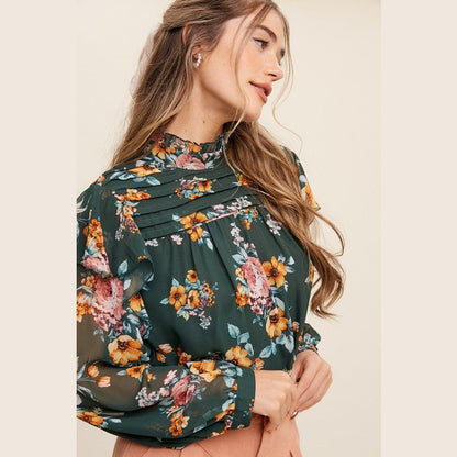 Ruffle Mock Neck Floral Print Chiffon Blouse