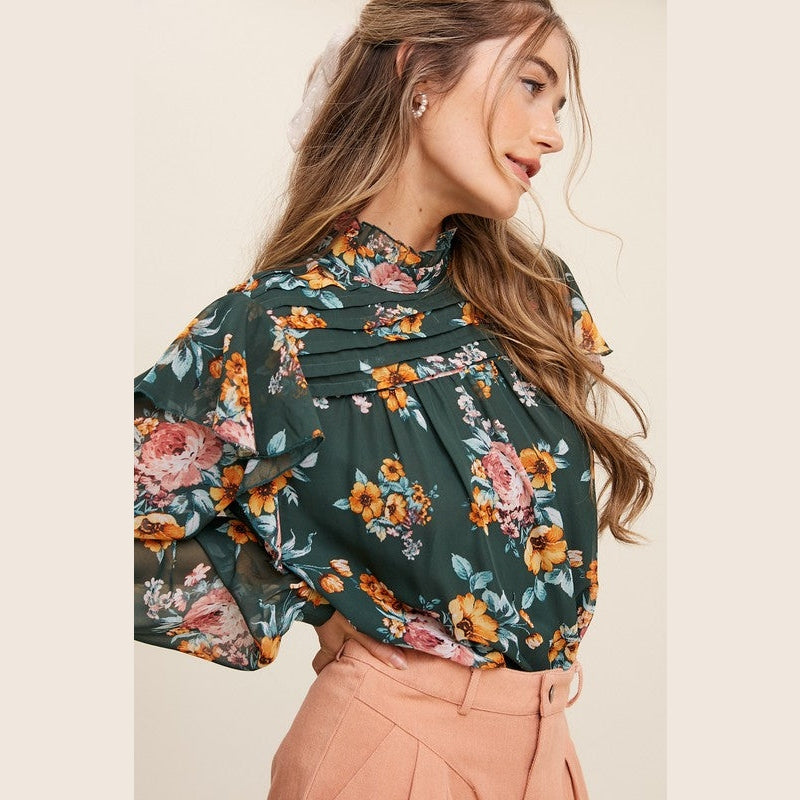 Ruffle Mock Neck Floral Print Chiffon Blouse