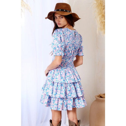 Smocked Neck and Waist Floral Tiered Mini Dress