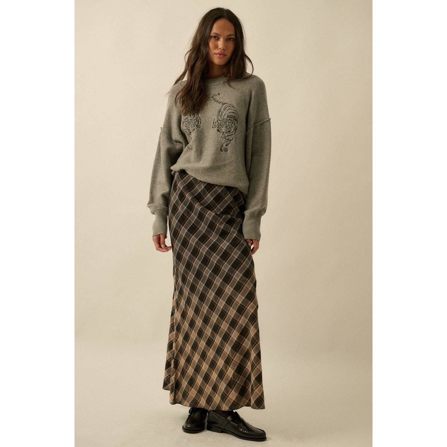 Ombre Dip-Dye Plaid Bias-Cut Maxi Skirt - The Feral Market