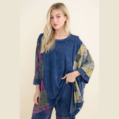 Mineral Washed Boho Patch Poncho Top