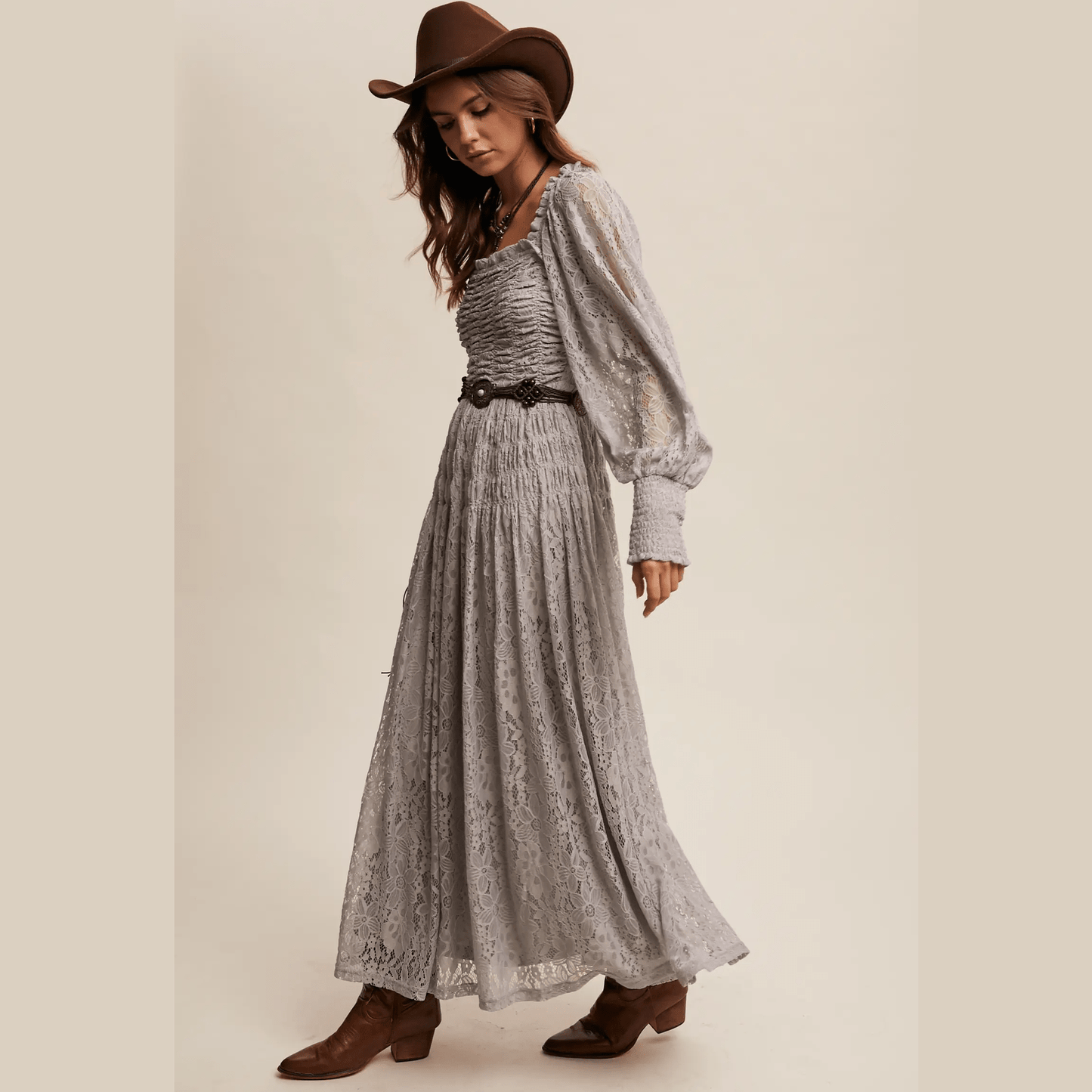 Vintage Lace Maxi Dress with Smocked Details