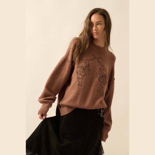 Embroidered Tigers Solid Knit Exposed-Seam Sweater