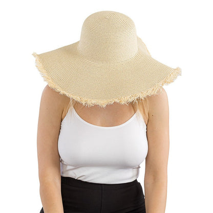 Fray Trim Tight Weave Wide Floppy Brim Sun Hat