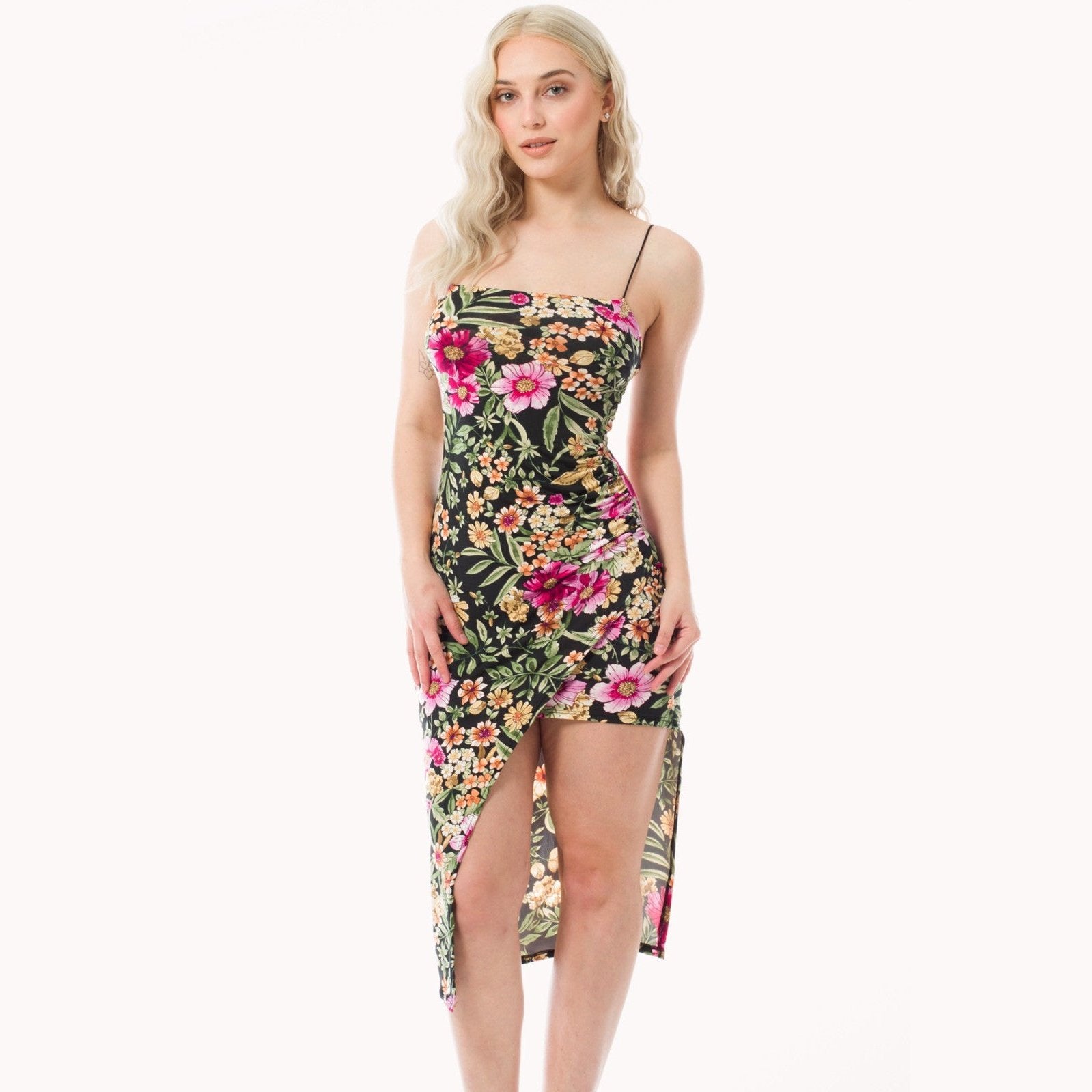 Floral Criss Cross Back Split Hem Bodycon Midi Dress