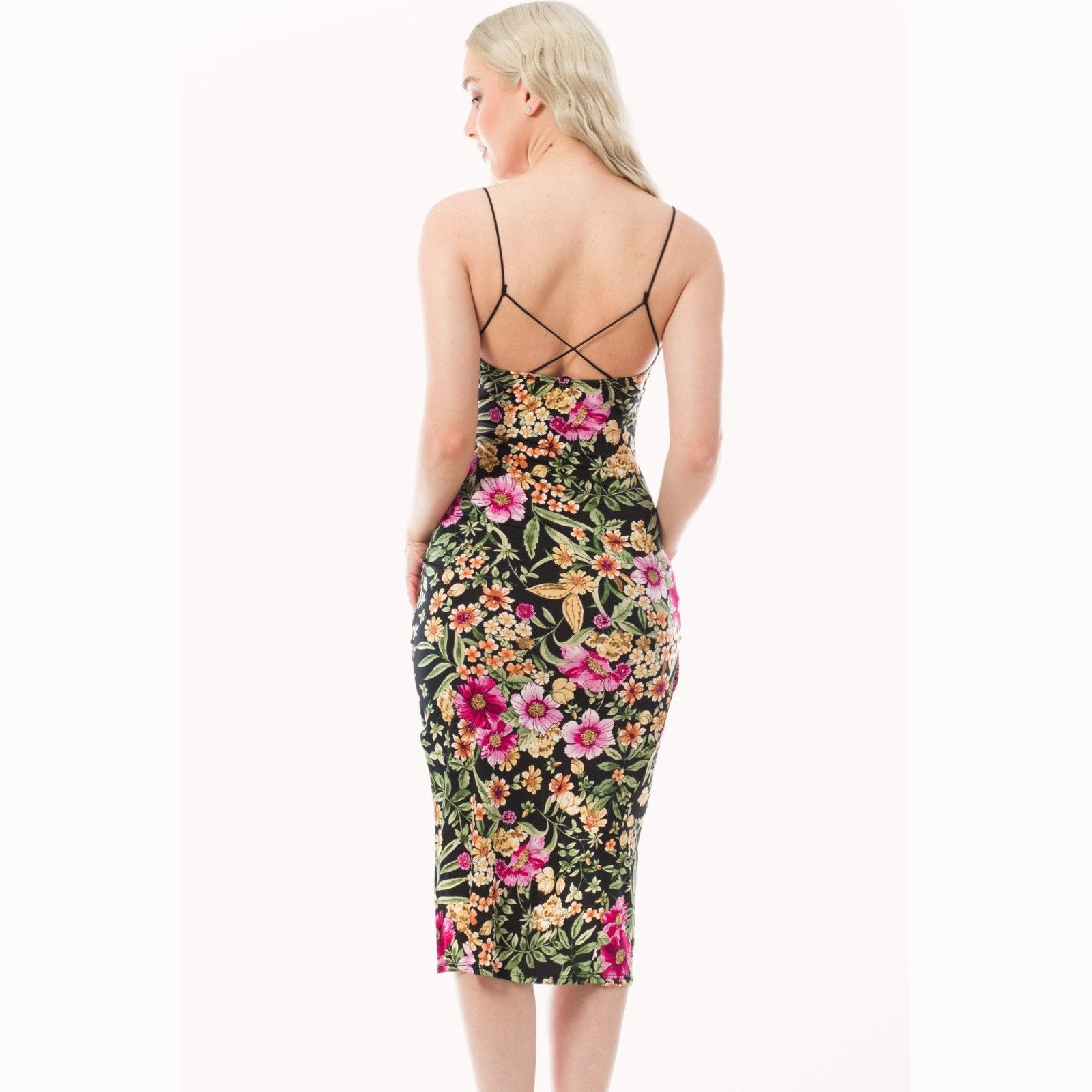Floral Criss Cross Back Split Hem Bodycon Midi Dress - Large Floral Criss Cross Back Split Hem Bodycon Midi Dress - Large