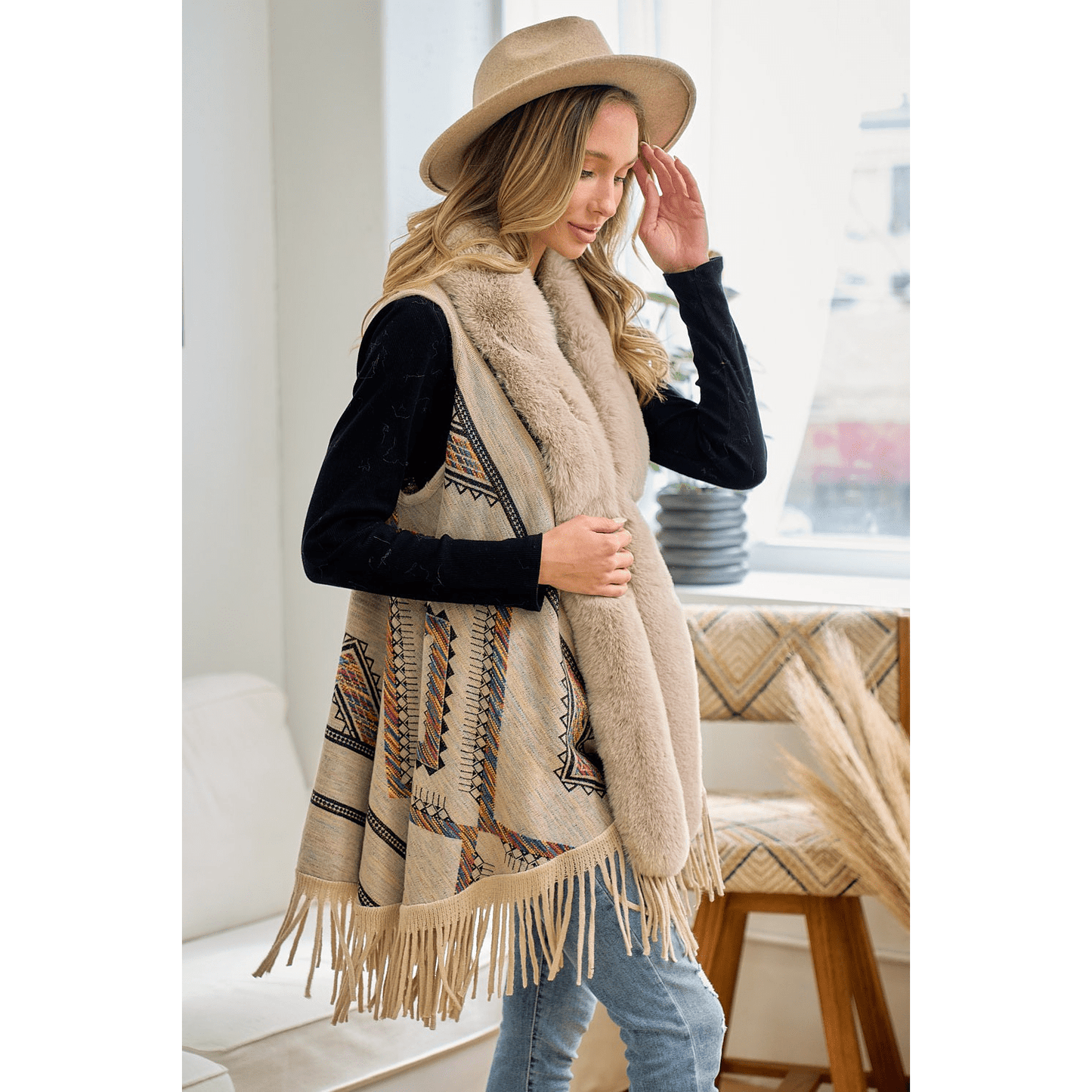 Tala Faux Fur Trim Cardigan Vest