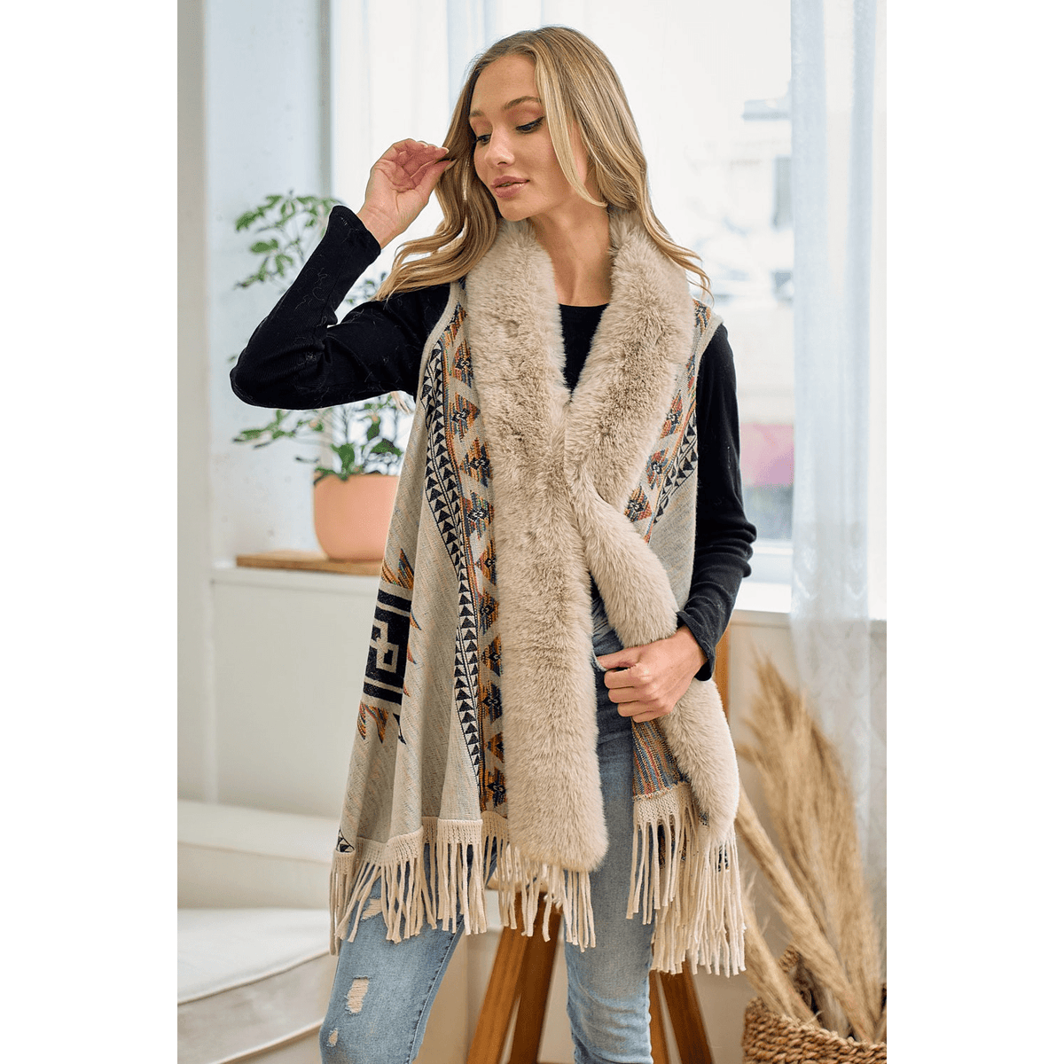 Tiva Faux Fur Trim Cardigan Vest