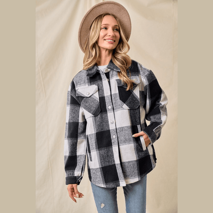 Marla Brushed Flannel Plaid Button Pocketed Shacket