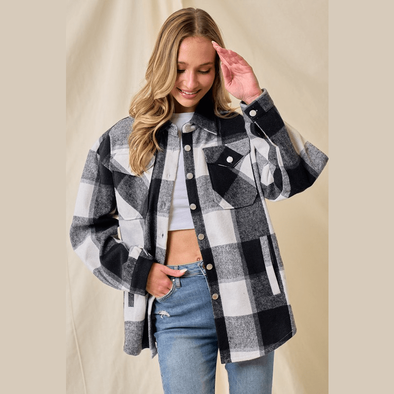 Marla Brushed Flannel Plaid Button Pocketed Shacket
