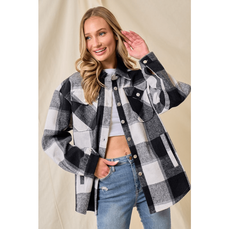 Marla Brushed Flannel Plaid Button Pocketed Shacket