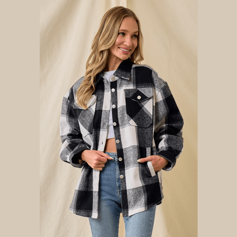 Marla Brushed Flannel Plaid Button Pocketed Shacket