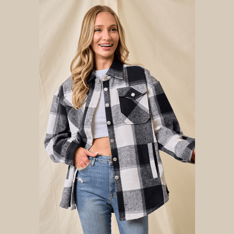 Marla Brushed Flannel Plaid Button Pocketed Shacket