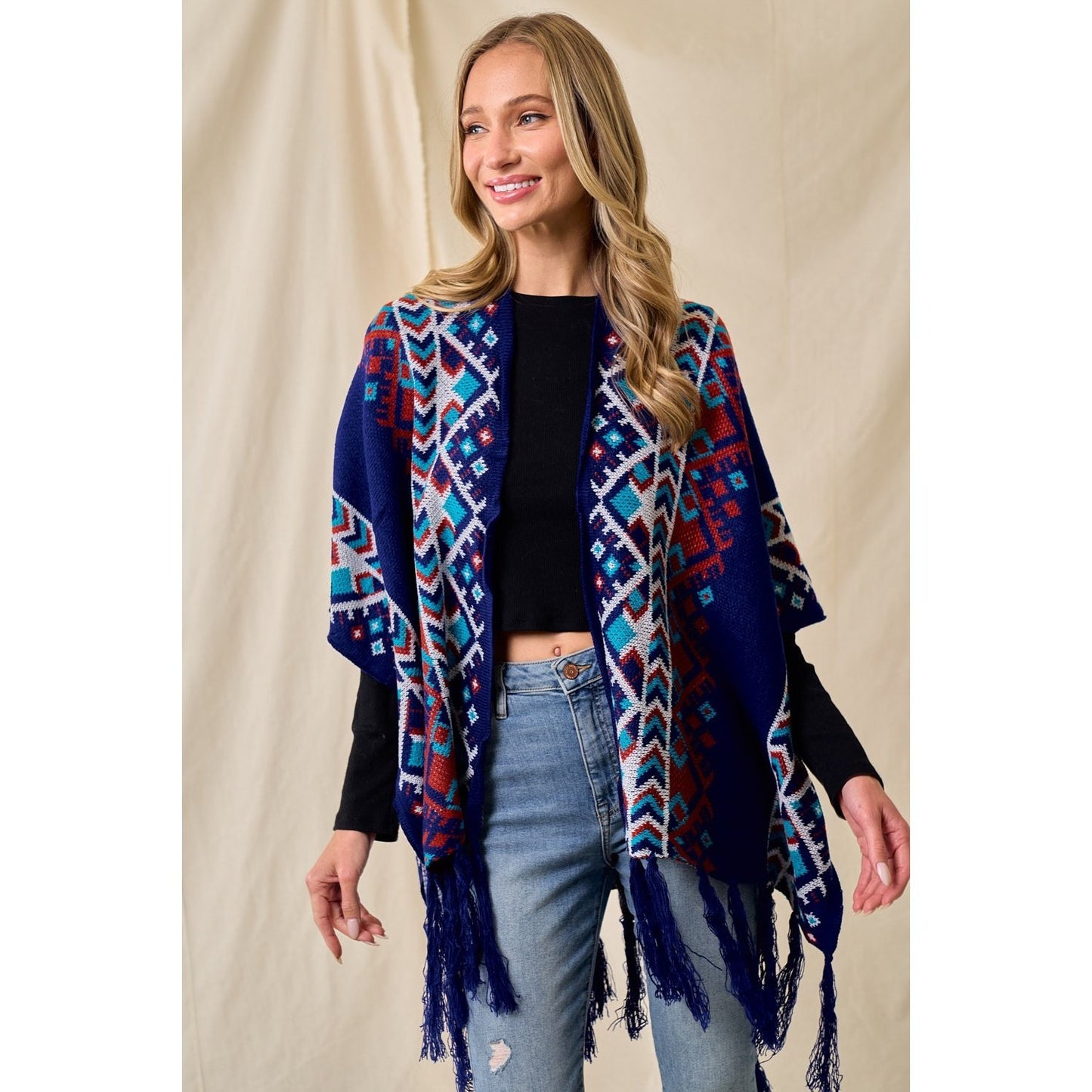 Izel Sweater Shawl Wrap with Aztec Pattern