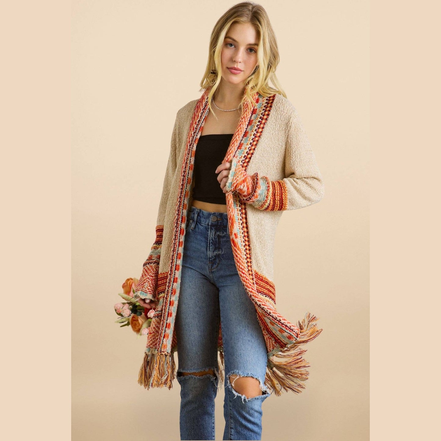 Fringe Hem Multicolor Cardigan