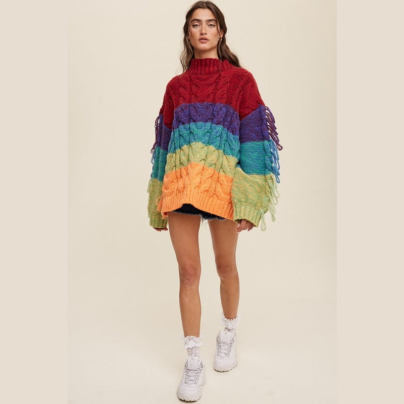 Rainbow Chunky Cable Knit Fringe Sweater