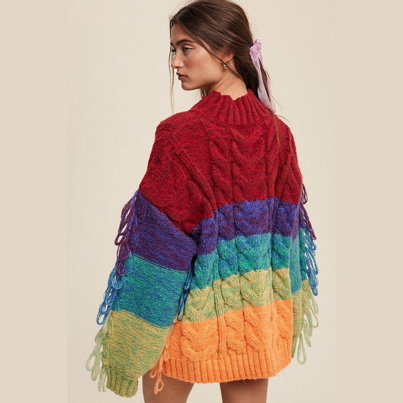 Rainbow Chunky Cable Knit Fringe Sweater