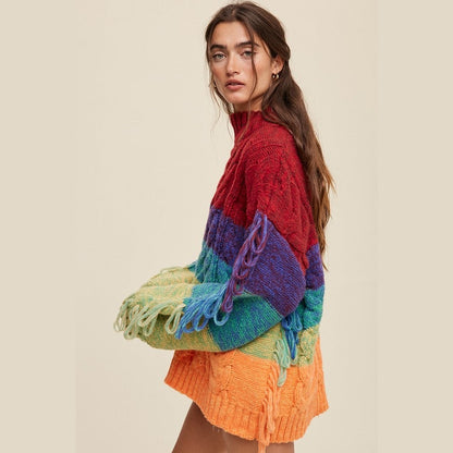 Rainbow Chunky Cable Knit Fringe Sweater