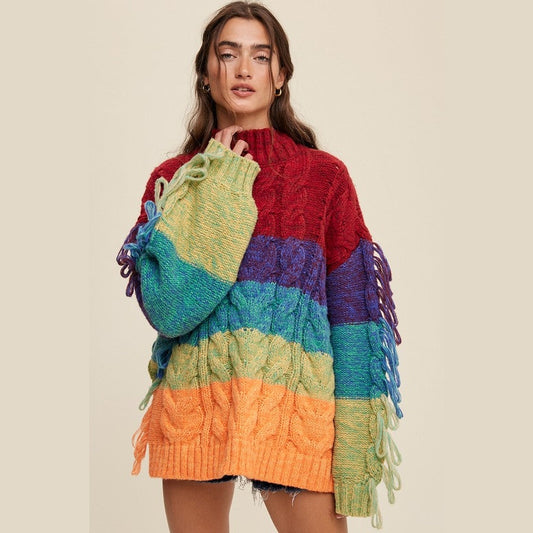 Rainbow Chunky Cable Knit Fringe Sweater