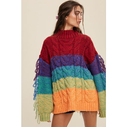 Rainbow Chunky Cable Knit Fringe Sweater