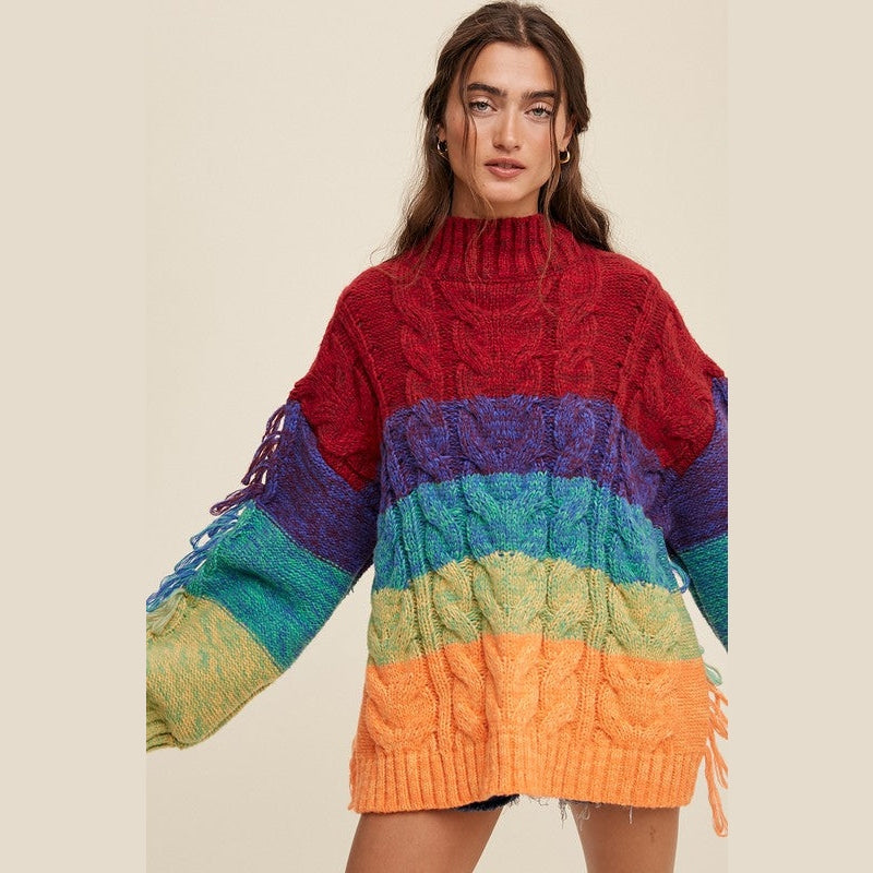 Rainbow Chunky Cable Knit Fringe Sweater