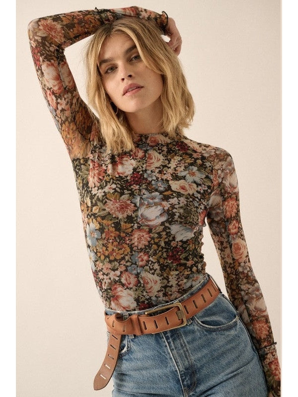 Camellia Floral Semi-Sheer Mesh Long Sleeve Knit Top