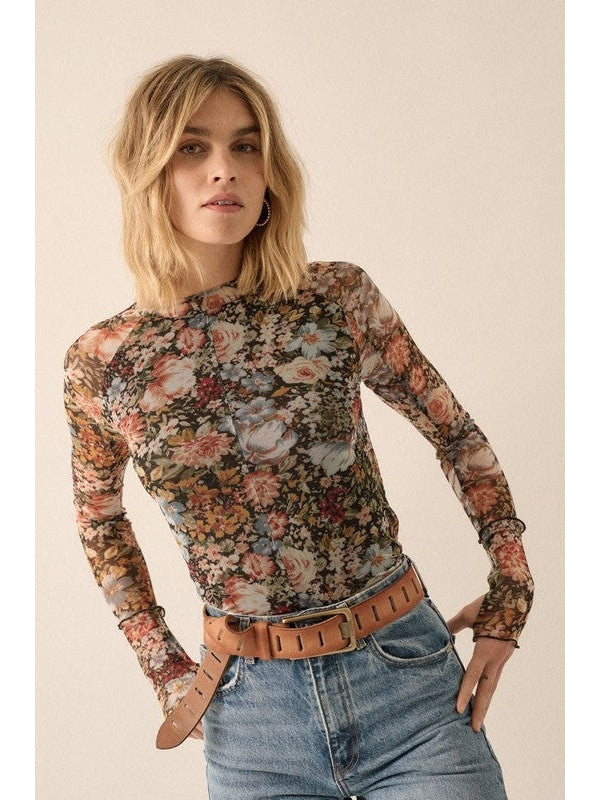 Camellia Floral Semi-Sheer Mesh Long Sleeve Knit Top