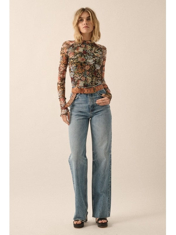 Camellia Floral Semi-Sheer Mesh Long Sleeve Knit Top