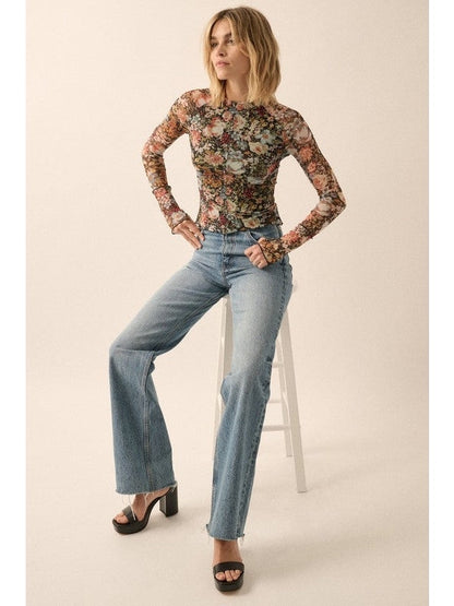 Camellia Floral Semi-Sheer Mesh Long Sleeve Knit Top