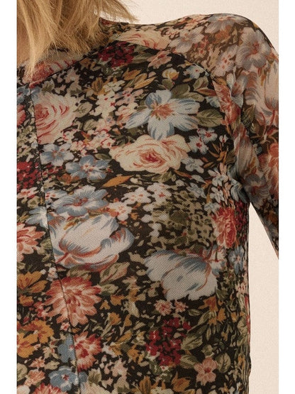 Camellia Floral Semi-Sheer Mesh Long Sleeve Knit Top