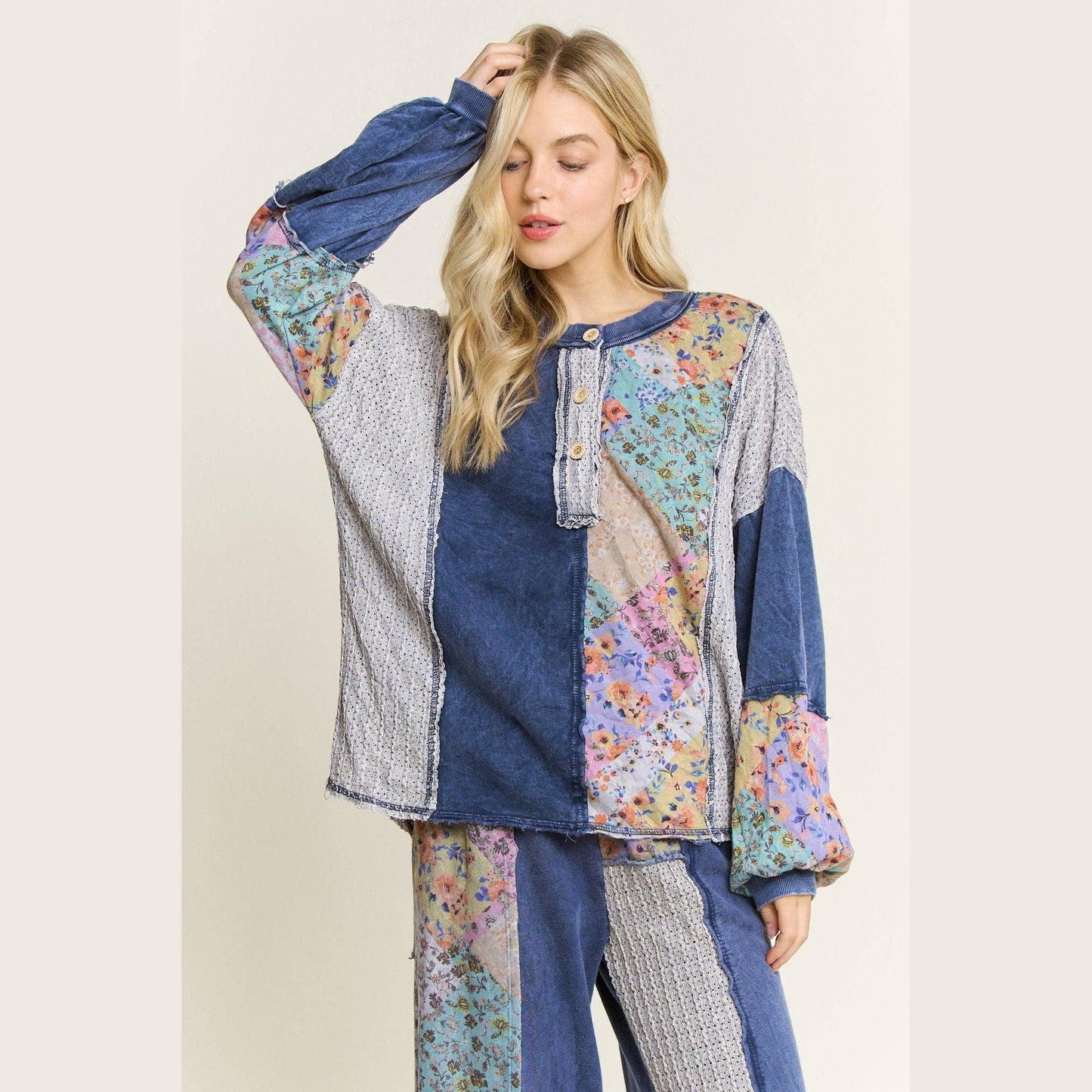 Mineral Washed Floral WaveKnit Jacquard Boho Top