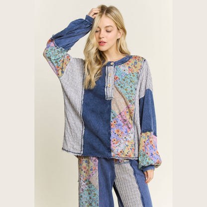 Mineral Washed Floral WaveKnit Jacquard Boho Top