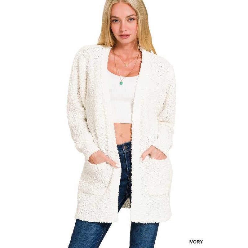 Long Sleeve Popcorn Sweater Cardigan With Pockets